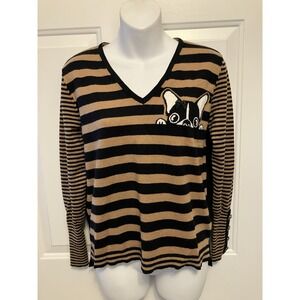 LEO & UGO FRANCE Brown Black Dog Striped Sweater Sz 2/46 Medium‎ Women’s